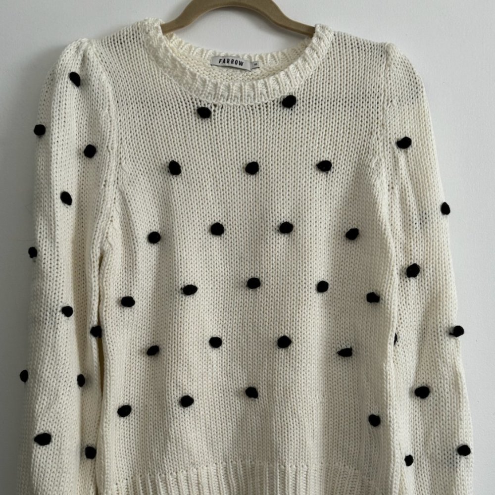 Ivory & Black Knit Pom Ball Crew Neck Sweater